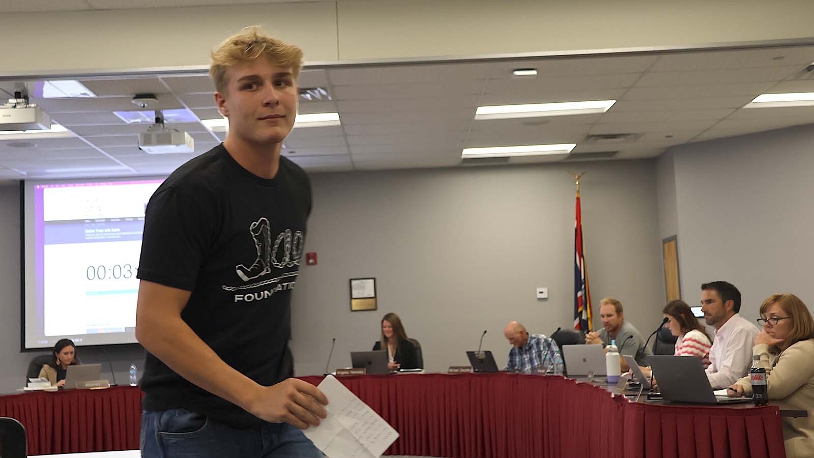 Daxton Thomas, a senior at Kelly Walsh High School in Casper, addressed the Natrona County Board of Education about the Jae Foundation.