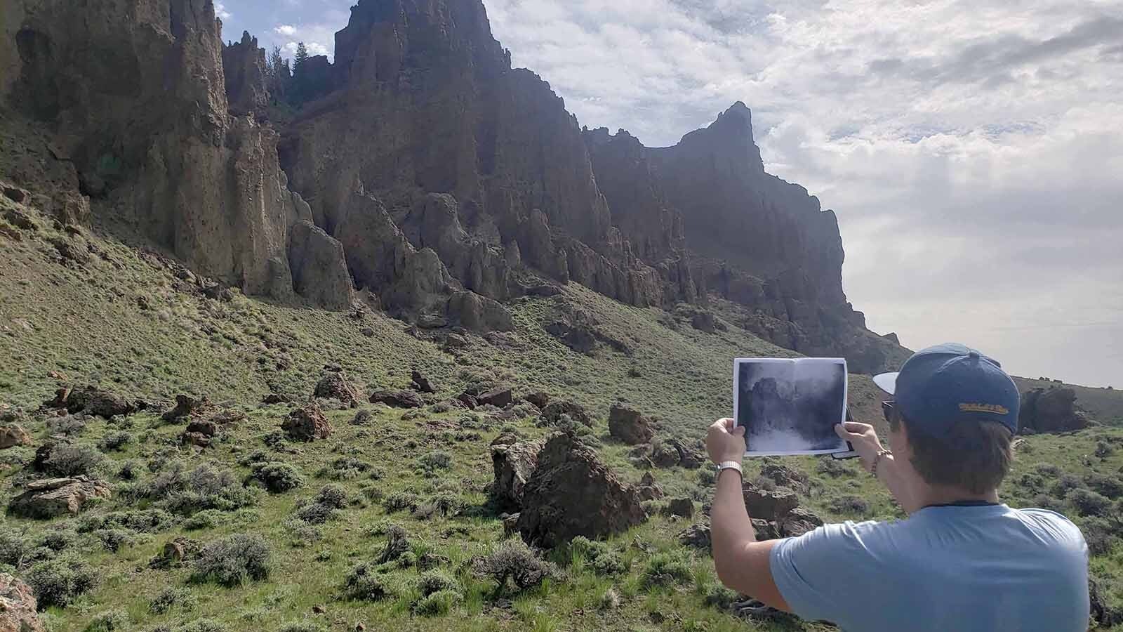 Brian Beauvais uses Thomas Jaggar's original photograph to find the right angle to reshoot the Hoodoos.