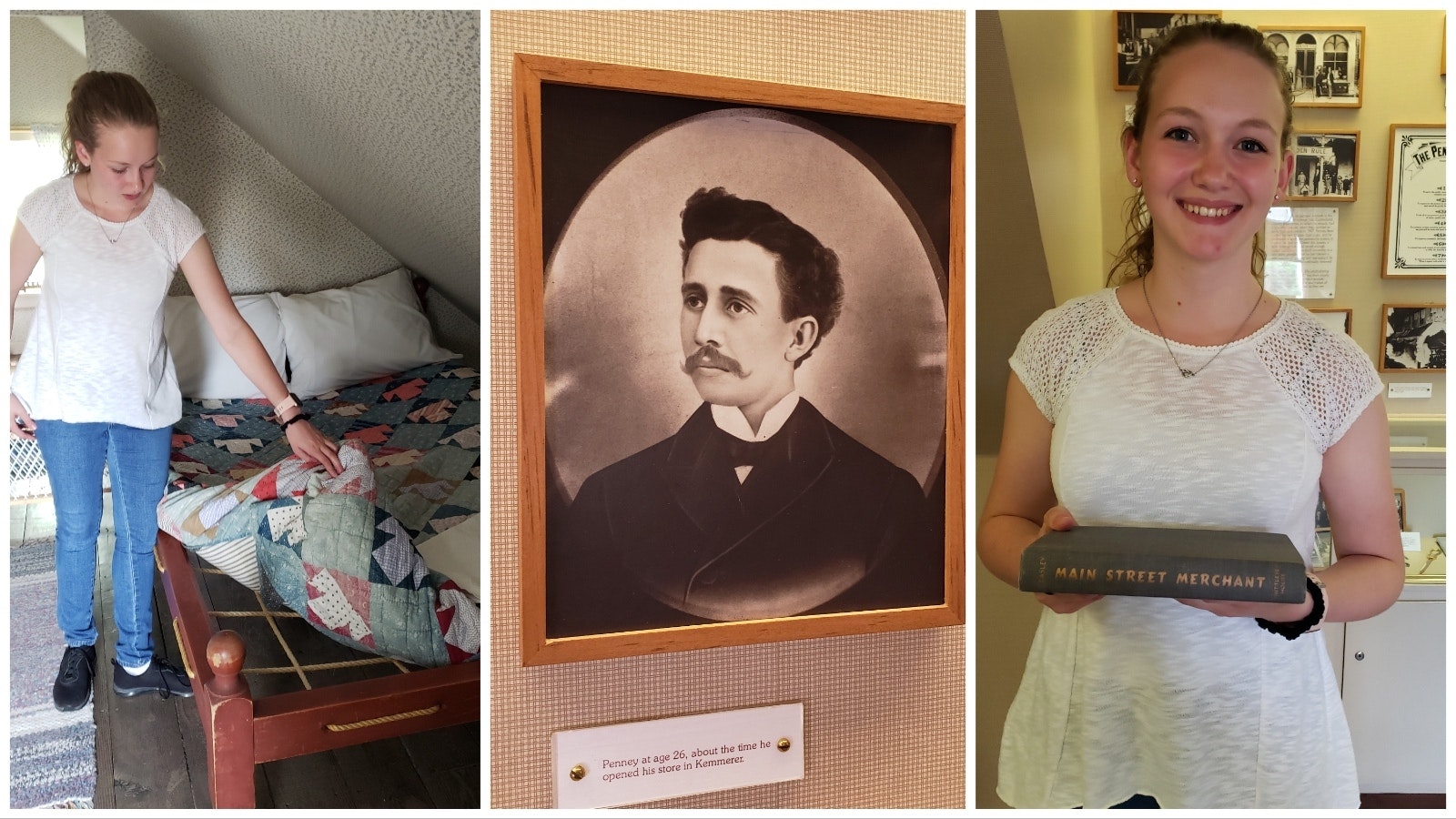 Janelle Sawaya lifts a mattress to show the ropes that held it up; James Cash Penney at 26, about the age he opened his Kemmerer store; Sawaya holds up one of the books she's read about James Cash Penney in the museum where she is a summer tour guide.