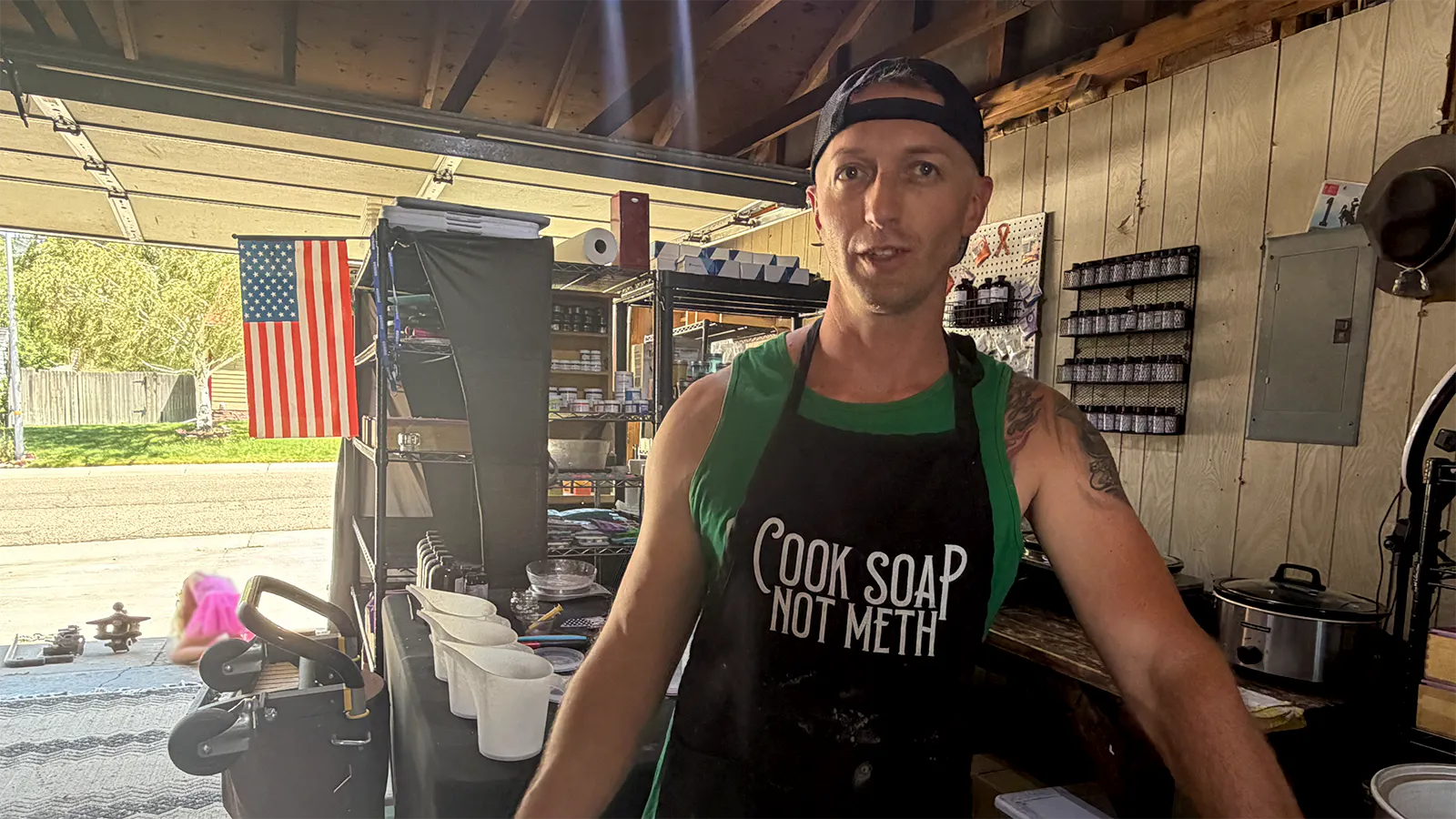 James Pulver works a crockpot full of handcrafted soap in his Casper workshop while his young daughter draws a chalk sun across the garage floor nearby. The Wyoming bail bondsman and bounty hunter says soap-making helps him decompress from a career spent guiding clients through the criminal justice system. "I'm helping people get clean one way or another," he says.