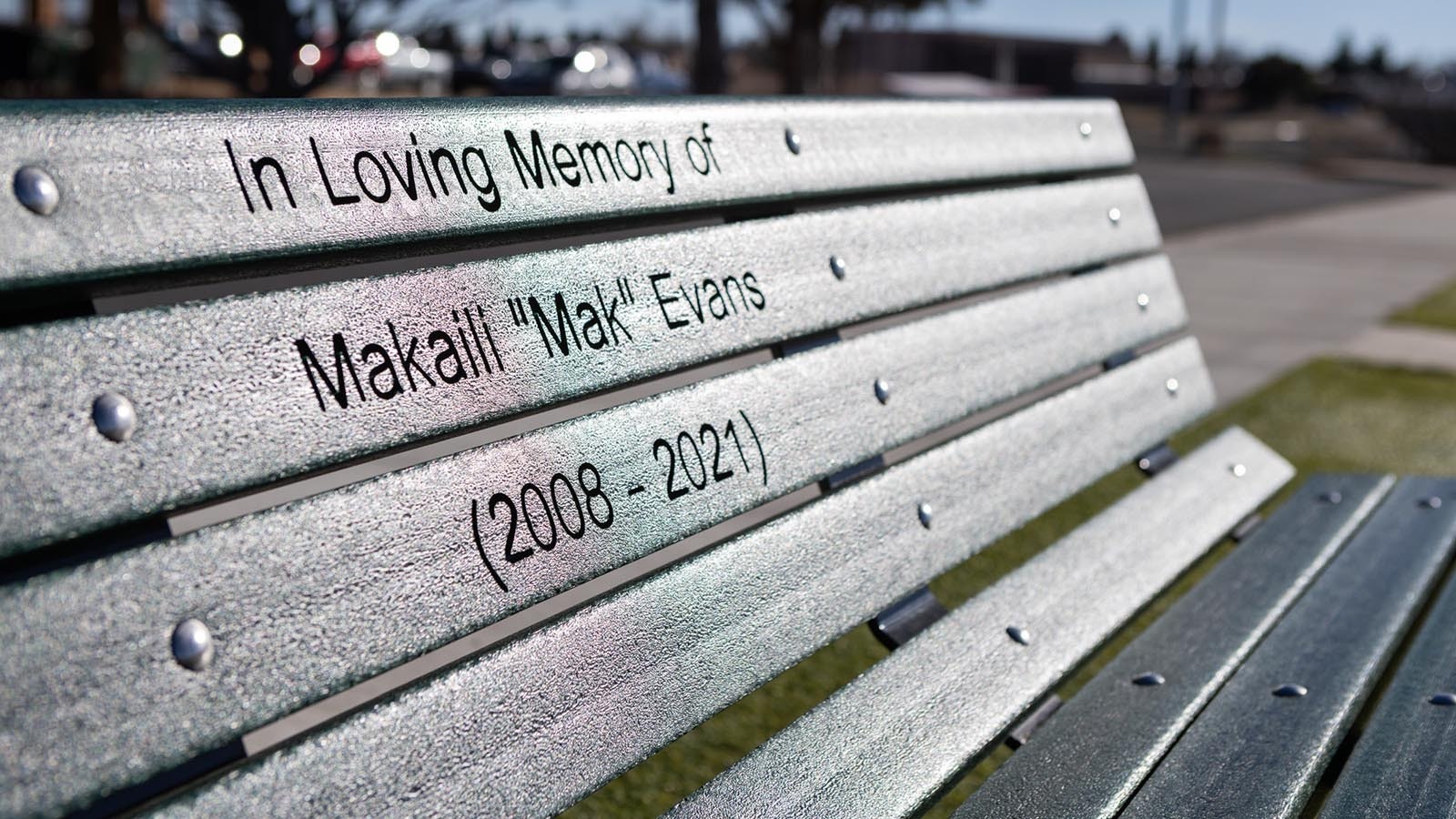 Park Bench Memorial for Makaili “Mak” Evans at the football field at McCormick Jr. High in Cheyenne.