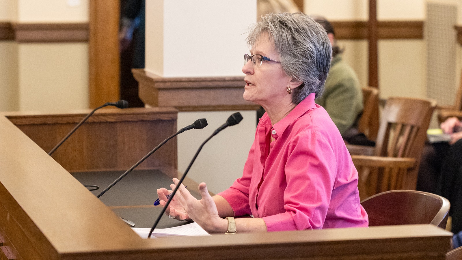 Janet Farmer, a school nurse in Cheyenne, testifies about a parental health care notification bill to the Senate Education Committee on Feb. 14, 2024.