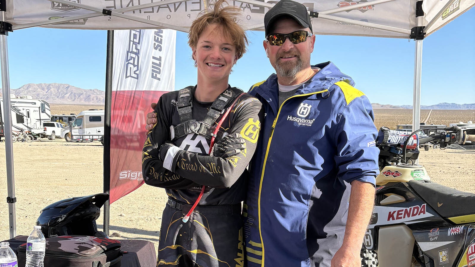 Shaun Harris of Lyman, Wyoming started teaching his son, Jason to ride motorcycles when Jason was four. At 17, Jason has turned pro in long-distance desert racing.