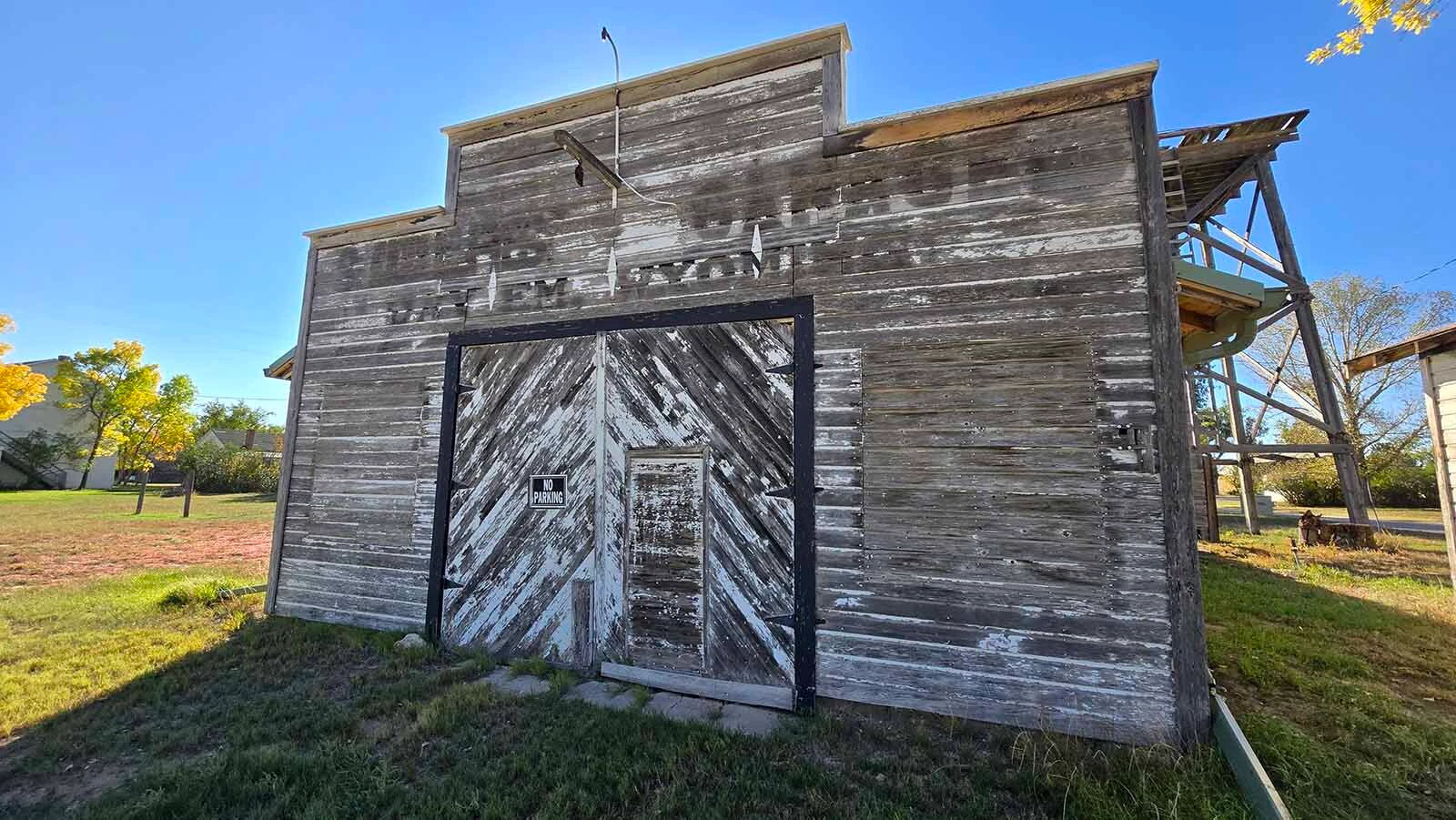 The garage in Jay Em is among buildings that still stand.
