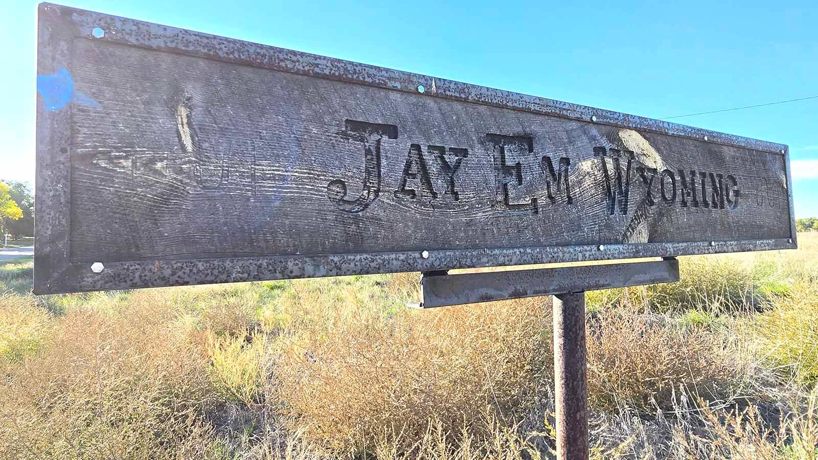 The weathered sign in Jay Em is still legible.