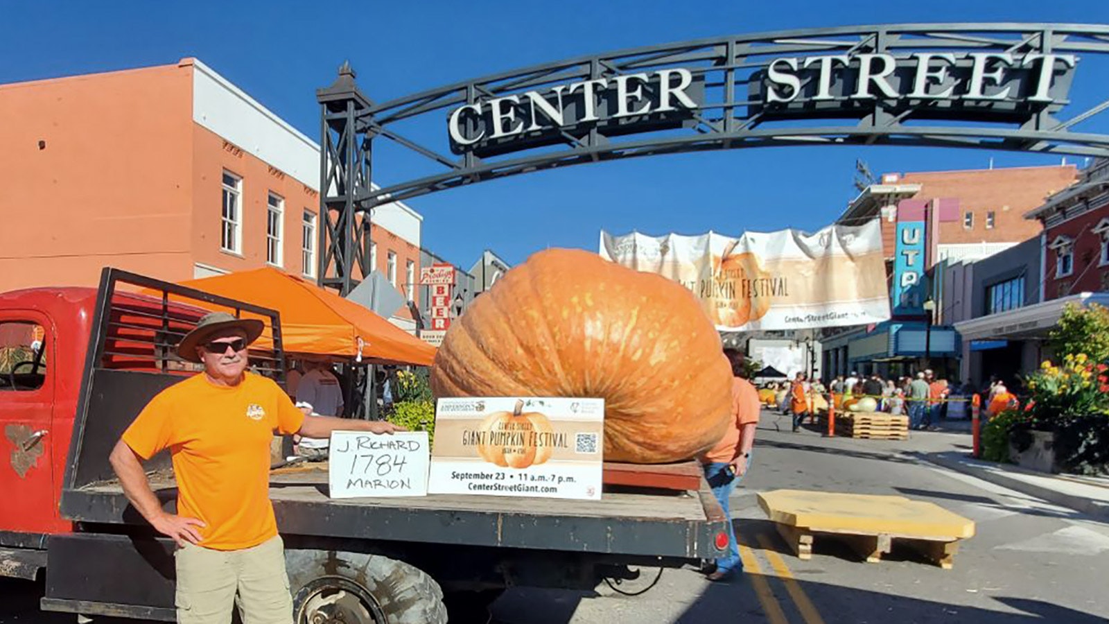 Jay Richard of Worland with his gargantuan pumpkin Marion, which weighed in at 1,784 pounds this past weekend.