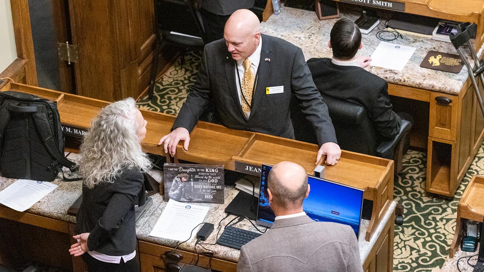 Wyoming Freedom Caucus members Jeanette Ward, left, and John Bear. The Freedom Caucus called out 19 House Republicans for voting against Ward's What is a Woman Act.