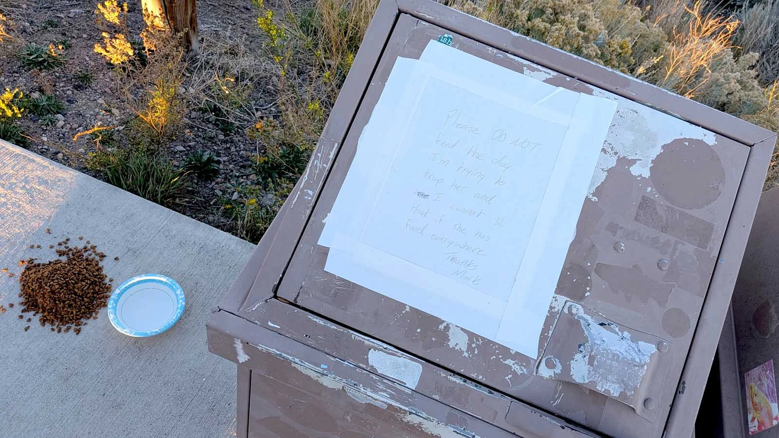 A handwritten sign Mark Lewis put up asking people not to feed Diya next to a bowl of food someone put there after the sign was up, he said, illustrating how locals keep feeding and taking care of her. 