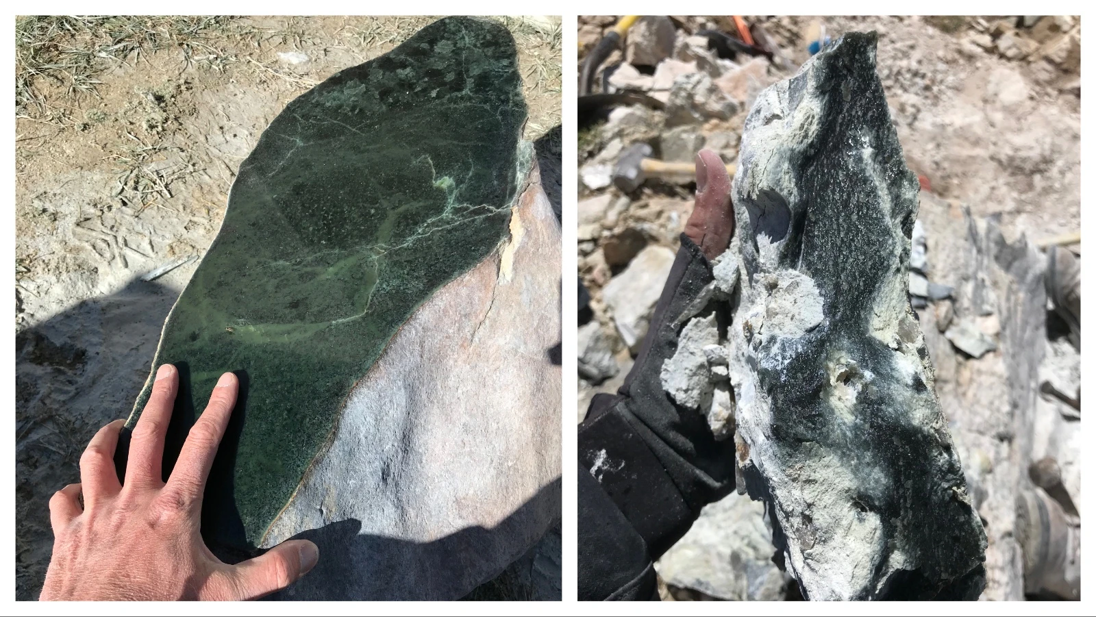 Left, a partial polished block of ornamental jade. Right, the rough gem.