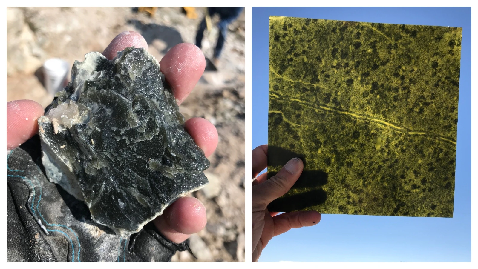Left, an example of rough jade found near Jeffrey city. Right, a slab of ornamental jade held up to light.