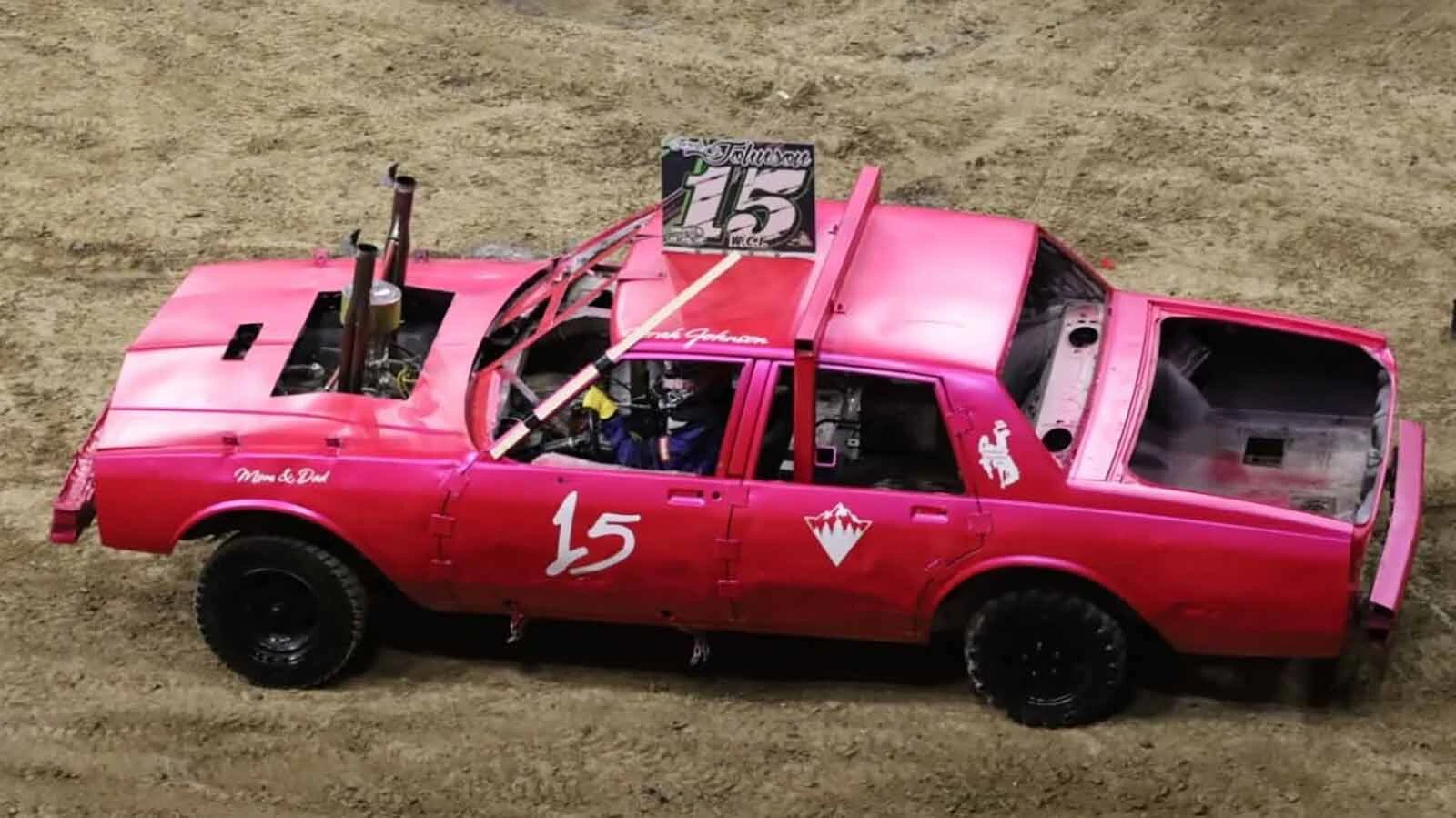 No. 15, a bright-pink demolition car built by Saratoga 19-year-old Jarahleigh Johnson.