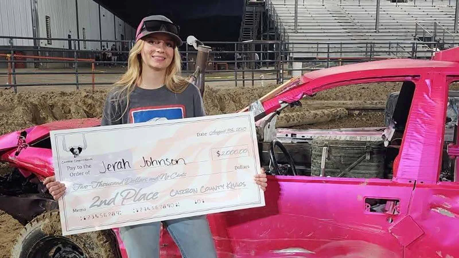 No. 15, a bright-pink demolition car built by Saratoga 19-year-old Jarahleigh Johnson.