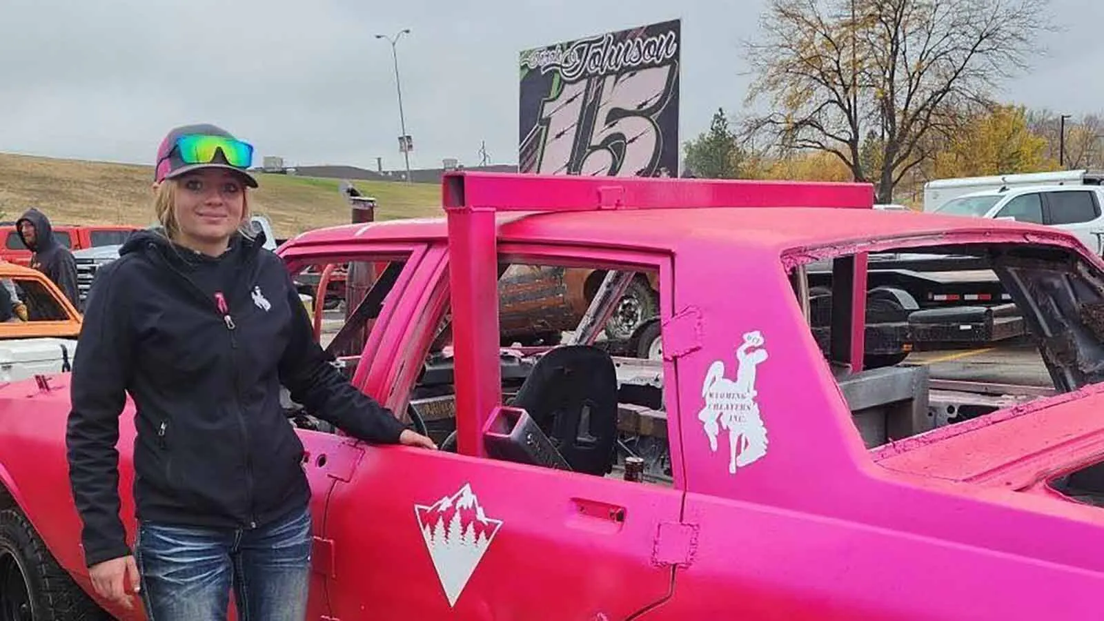 No. 15, a bright-pink demolition car built by Saratoga 19-year-old Jarahleigh Johnson.
