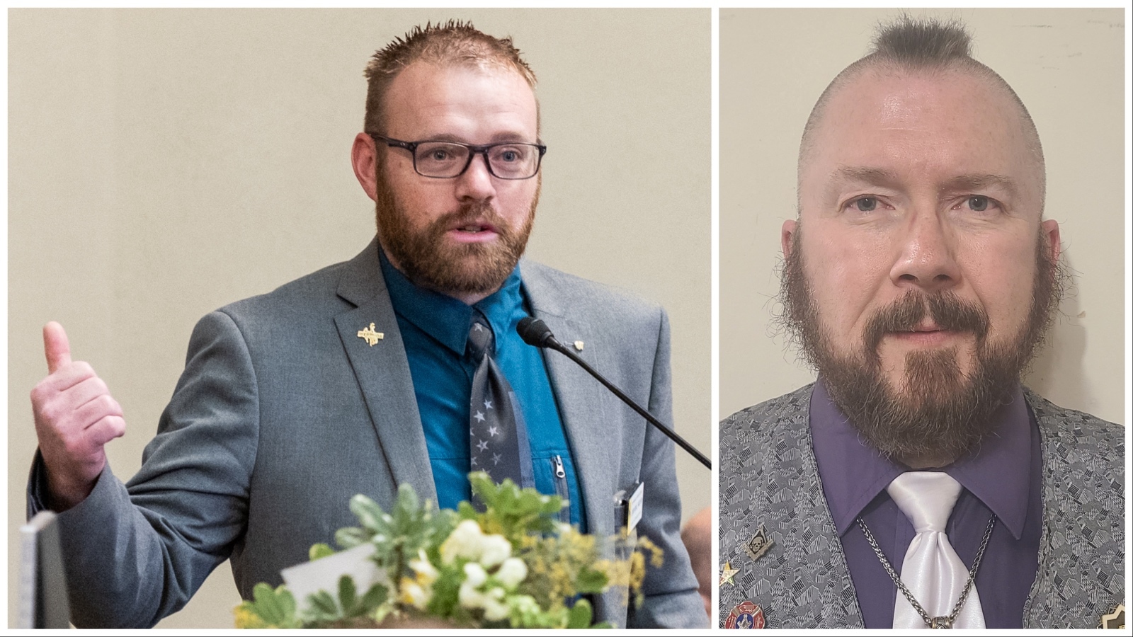 State Rep. Jeremy Haroldosn, R-Wheatland, and Guernsey Fire Chief Jeff Thomas.