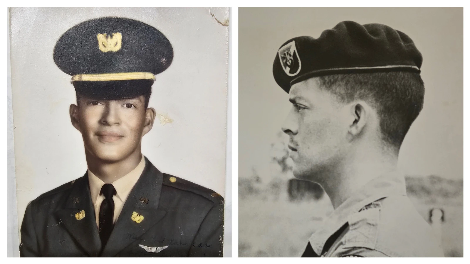 Jerry Montoya with both his airborne badge and helicopter wings. At right, he's wearing his Green Beret. He served one tour Vietnam and was shot 35 days into his tour.