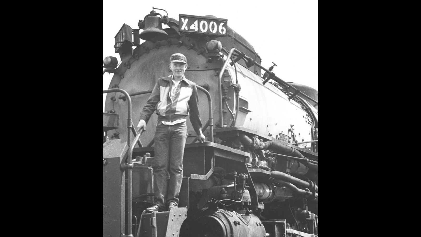 Jim Ehernberger as a young Union Pacific Railroad employee stands on Big Boy Locomotive 4006 in Cheyenne in May 1954.