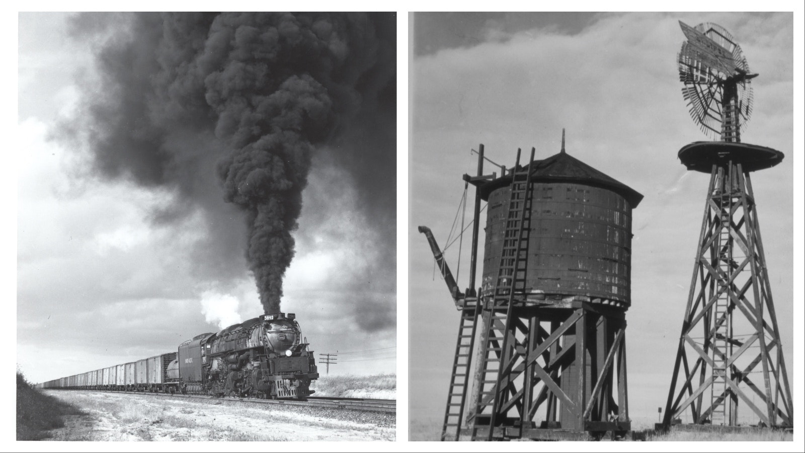 Left, a Union Pacific freight steams  near Archer Wyoming in August 1957 in a photo captured by Jim Ehernberger. Right, Jim Ehernberger captured this photo of a steam locomotive water tank at Keota, Colorado in 1954.