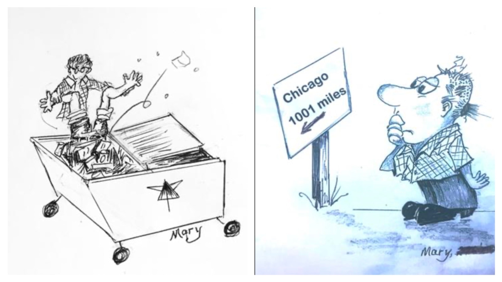 Left, Mary Hicks drew a customized illustration for a story from 2019 featuring dumpster diving. Right, one story shared by Sagebrush Sven in 2020 that Mary Hicks illustrated told of their hiking trails.