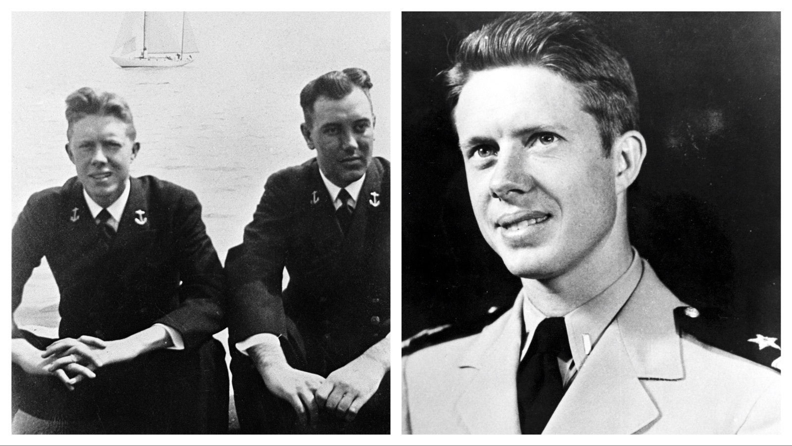 Left, Future US President Jimmy Carter (left) and a fellow cadet at the US Naval Academy, Annapolis. Right, Ensign James Earl "Jimmy" Carter.