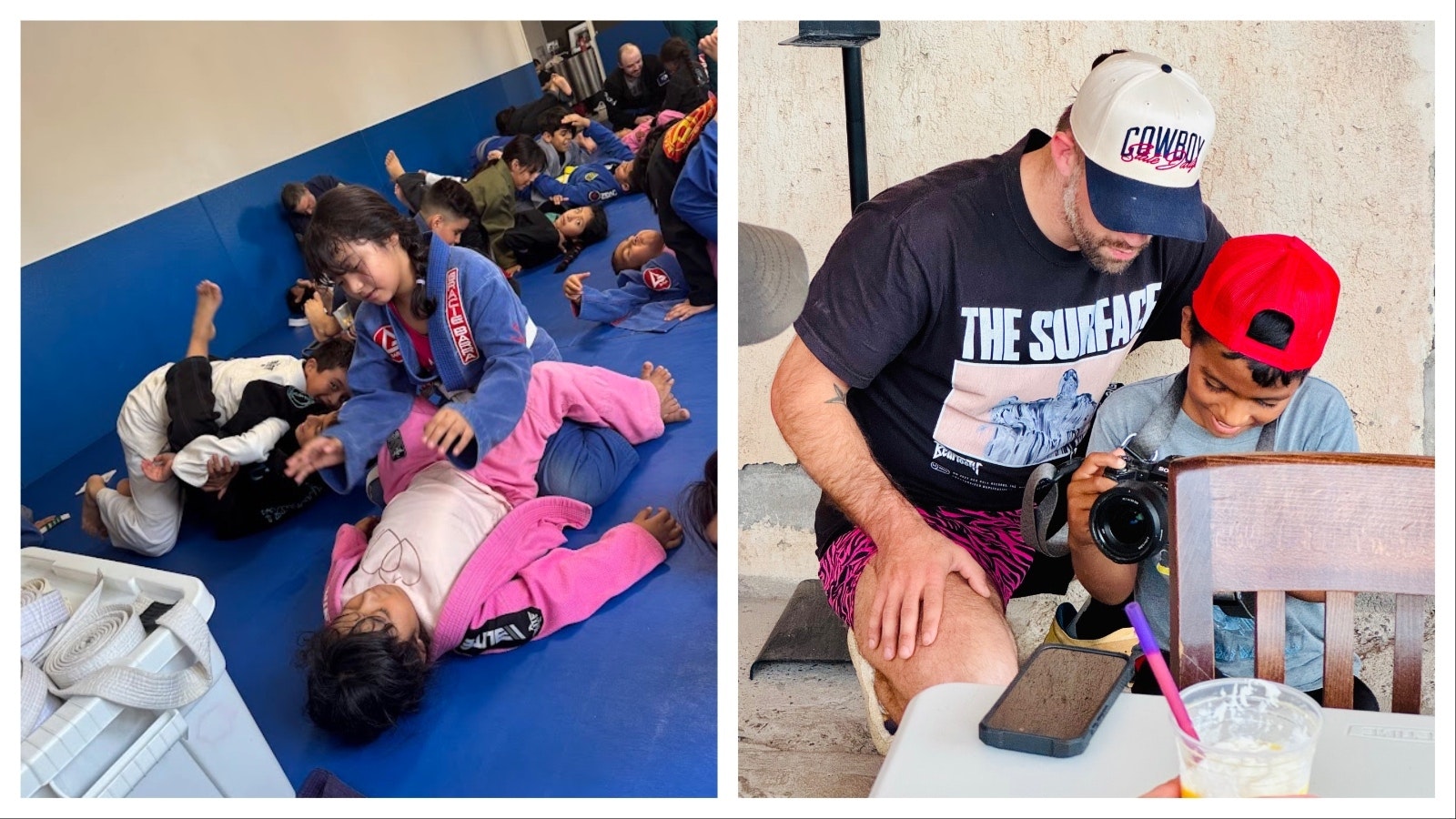 Left, students in the Rio Bravo jiu-jitsu class practice their moves. Right, Brady McLean spends time with a young friend interested in photography.