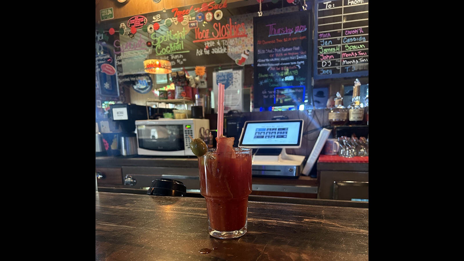 A bloody mary on the bar at Joe’s Liquor and Bar in Rock Springs.
