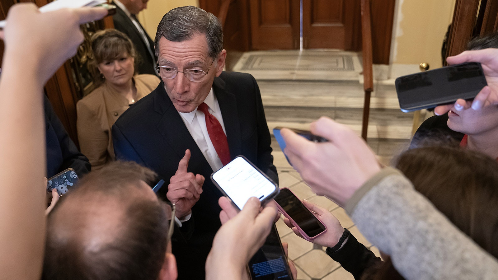 U.S. Sen. John Barrasso, R-Wyoming, speaks with members of the media outside the Senate chamber on Feb. 28, 2024, in Washington, D.C., after Mitch McConnell announced that he would step down as Republican leader in November.