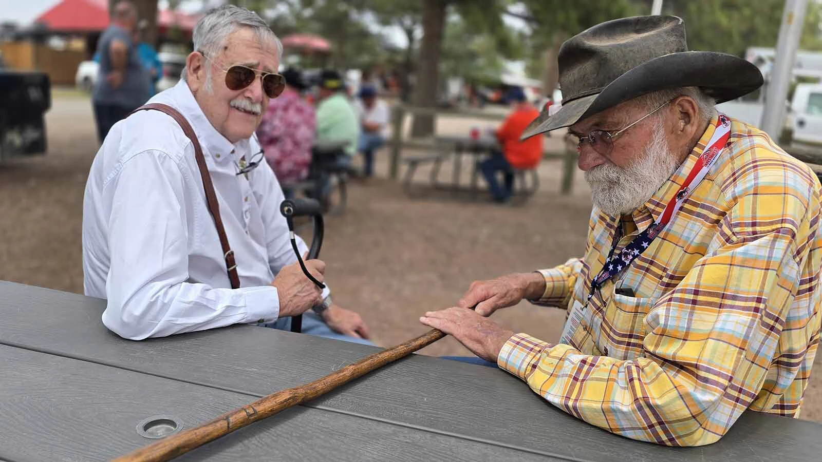 Bill Brewster talks about his walking stick while his brother John looks on. The walking stick came from Vietnam. It has a notch in it for each time he was injured during the war, as well as his family's brand.