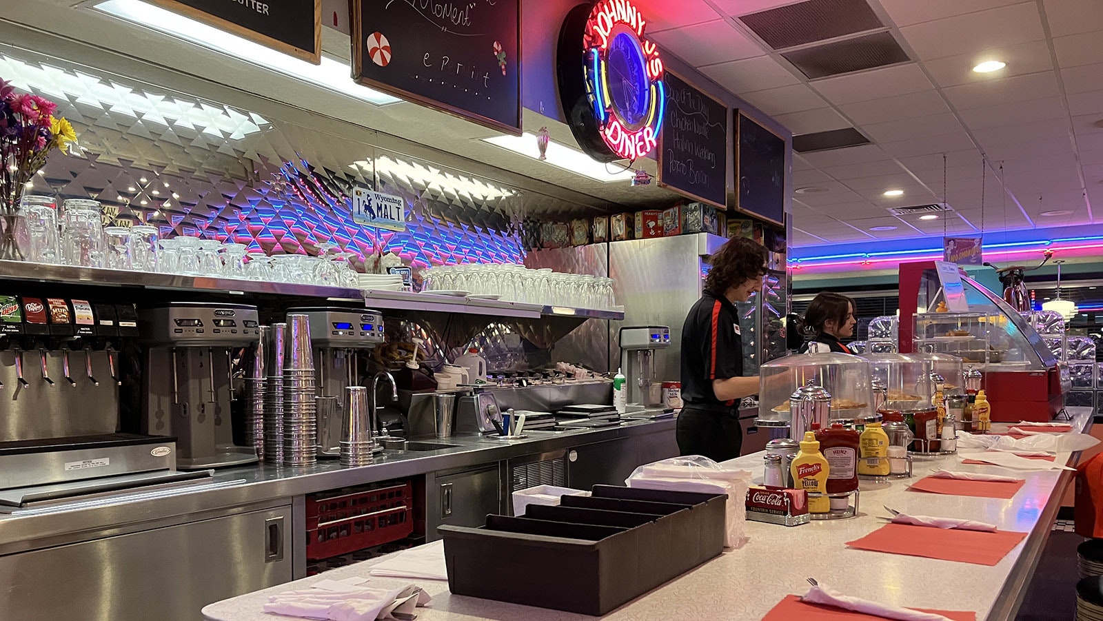 The counter area at Johnny J’s Diner features counter seating and the tools to make its popular malts and shakes.