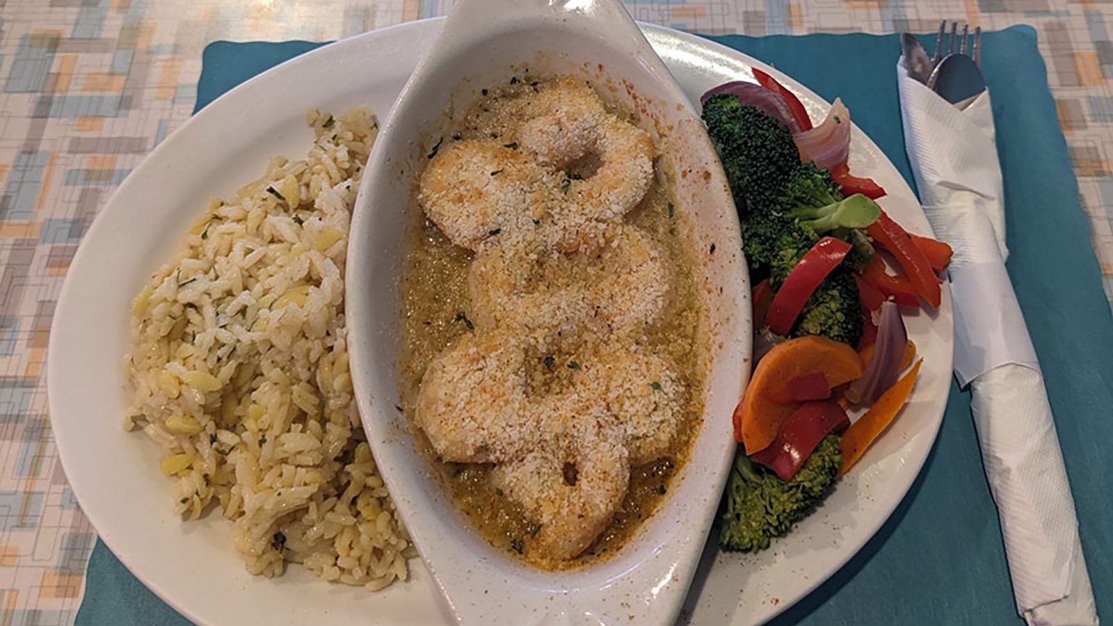 The menu has variety, like this Panko-dusted shrimp scampi.