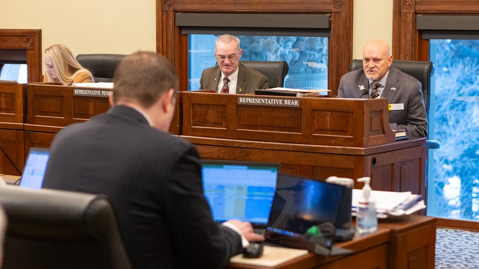 State Rep. John Bear, R-Gillette, right, and Rep. Ken Pendergraft, R-Sheridan, discuss the state budget in the Joint Appropriations Committee on Thursday, Jan. 23, 2025.