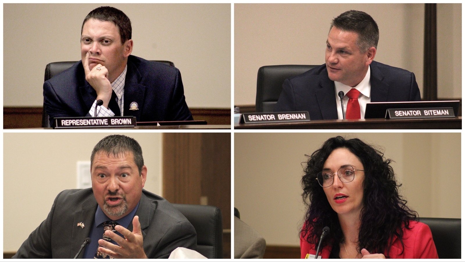 Members of the Wyoming Legislature's Joint Education Committee listened to hours of testimony and discussion of a bill that would ban teaching sexual orientation and gender identity themes to children in kindergarten through grade three in Wyoming. From above left, Rep. Landon Brown, Rep. Bo Biteman, Rep. Karlee Provenza and Ryan Berger.