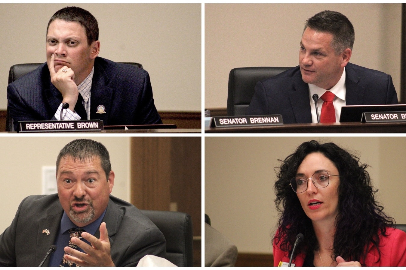 Members of the Wyoming Legislature's Joint Education Committee listened to hours of testimony and discussion of a bill that would ban teaching sexual orientation and gender identity themes to children in kindergarten through grade three in Wyoming. From above left, Rep. Landon Brown, Rep. Bo Biteman, Rep. Karlee Provenza and Ryan Berger.