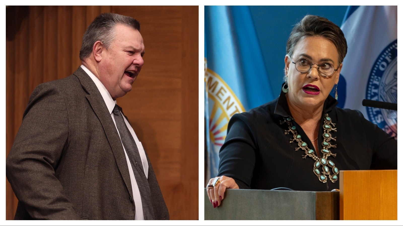 U.S. Sen. Jon Tester, D-Montana, left, and U.S. Rep. Harriet Hageman, R-Wyoming.