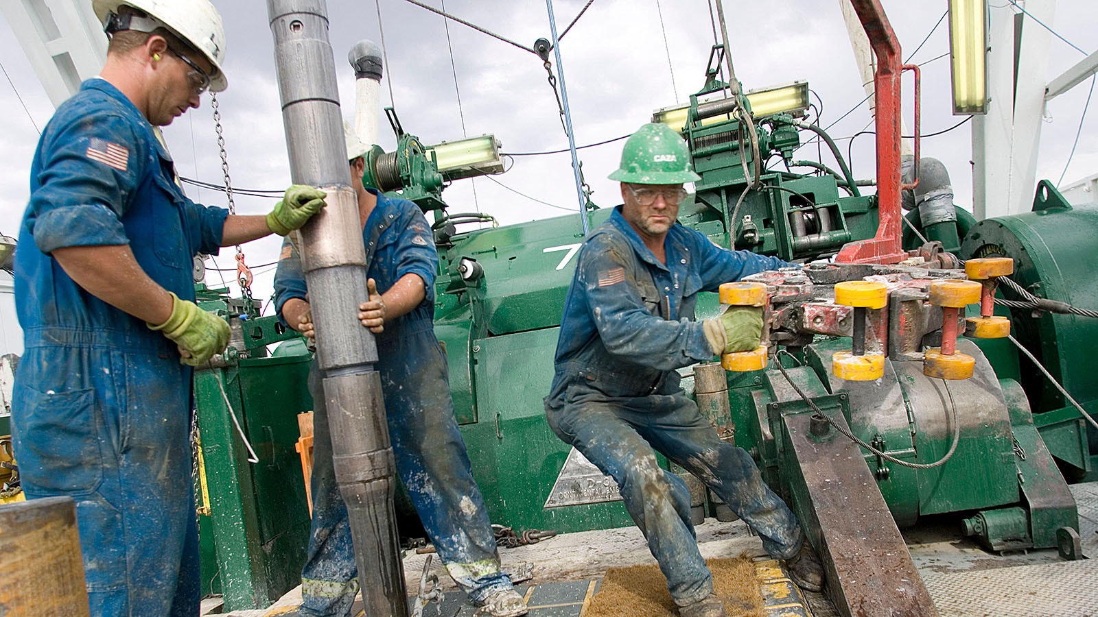 Workers on a gas rig in the Johan Field near Pindedale, Wyoming, in a file photo.