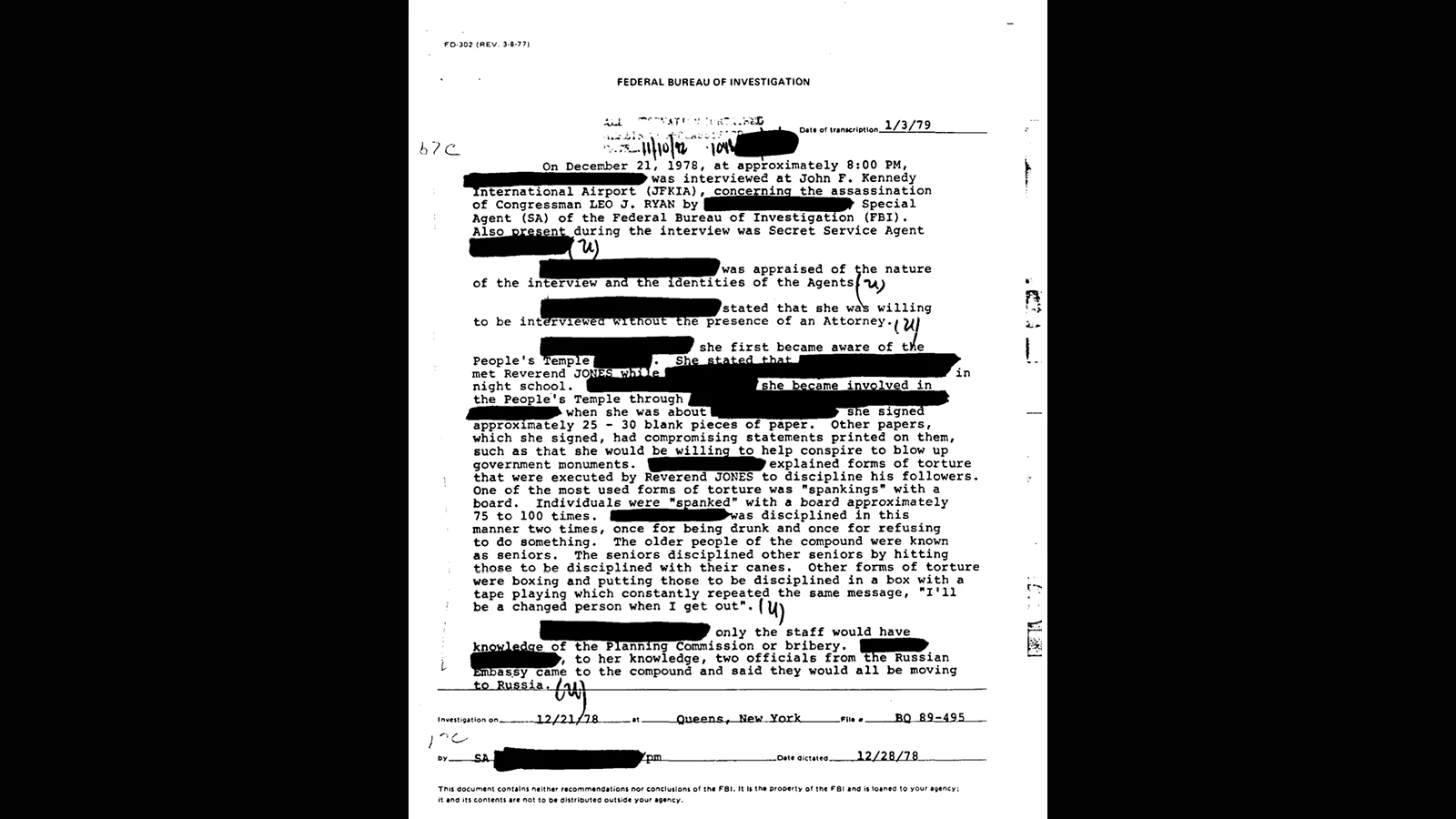 An FBI file document includes and interview with a former member about punishment at the People’s Temple.