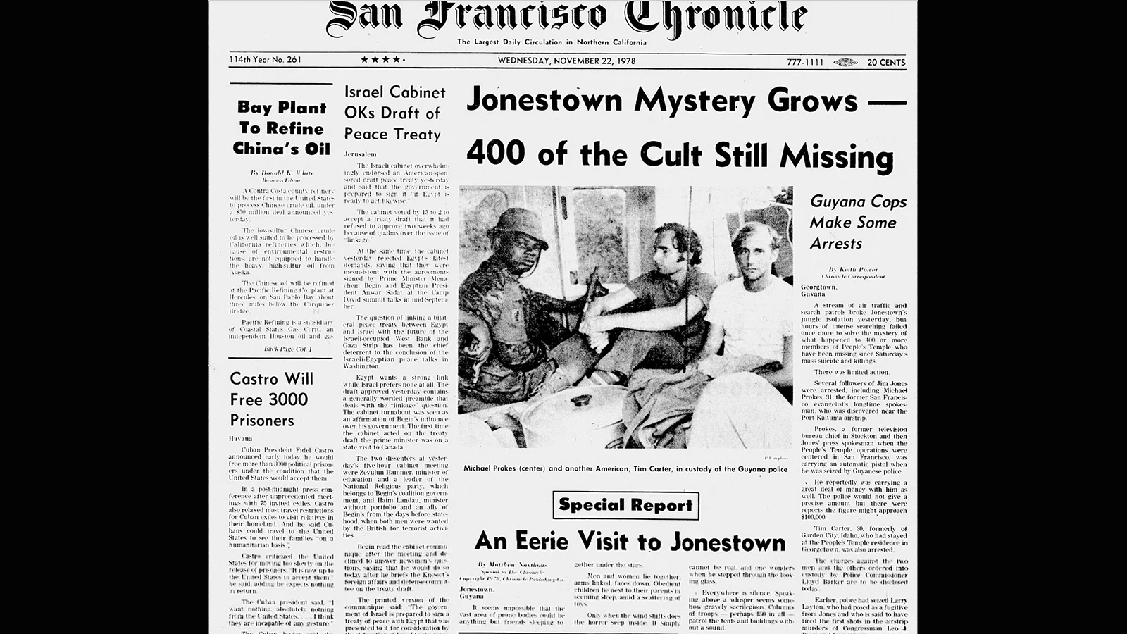 Newspaper front pages, including the San Francisco Chronicle, covered the Guyana tragedy as it unfolded.