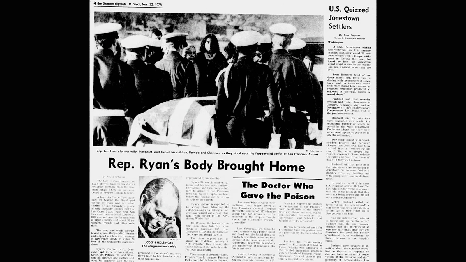 The San Francisco Chronicle covered Rep. Leo Ryan’s body being brought home after his murder in Guyana.