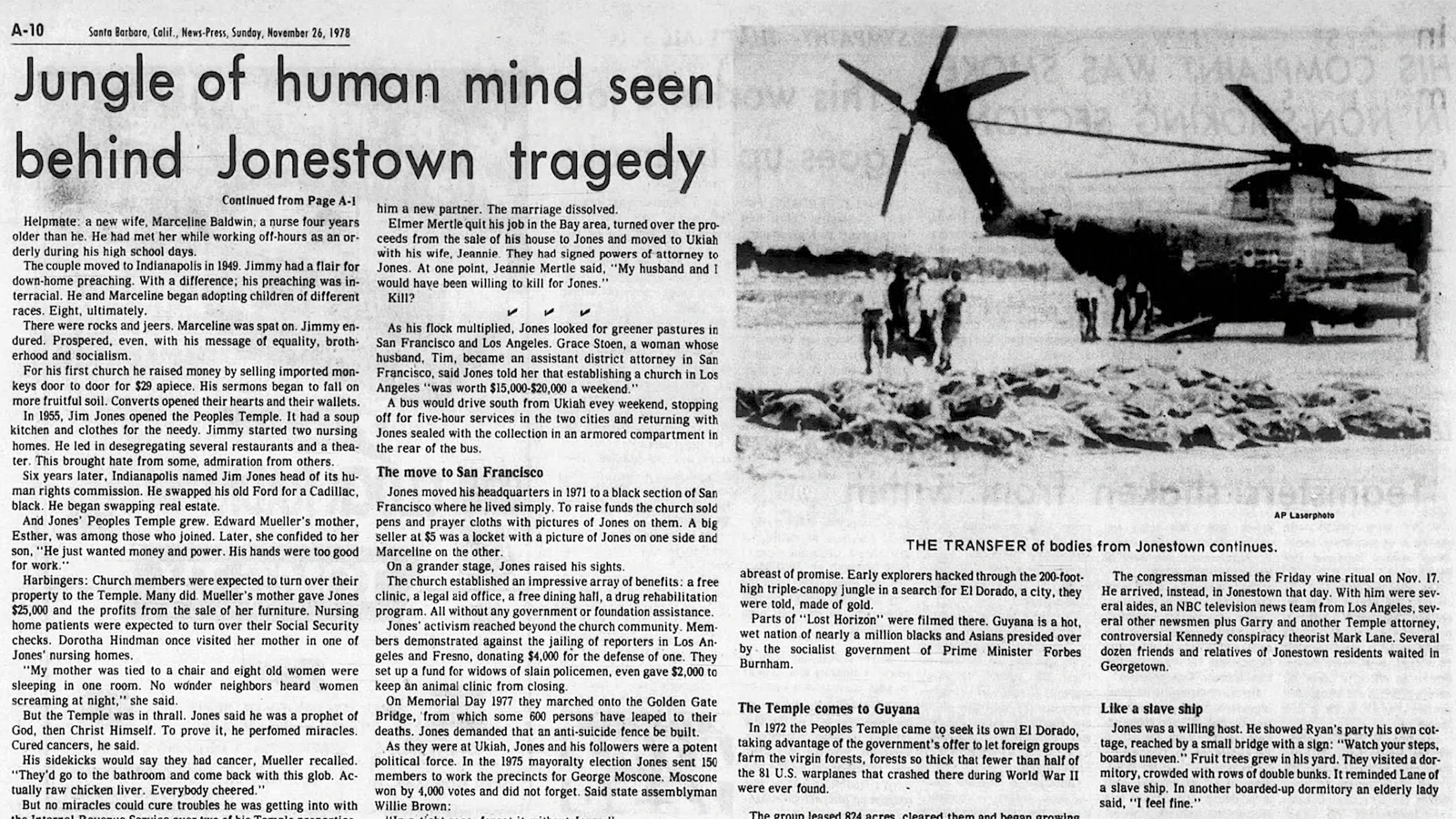 A photo showing bodies from the mass murder and suicide at the People’s Temple cult in Jonestown was published in the Santa Barbara News Press on Nov. 26, 1978.