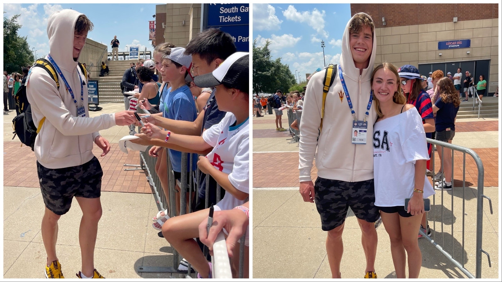 Jonny Kulow poses for pictures and signs autographs for fans at the U.S. Olympic Swim Trials.