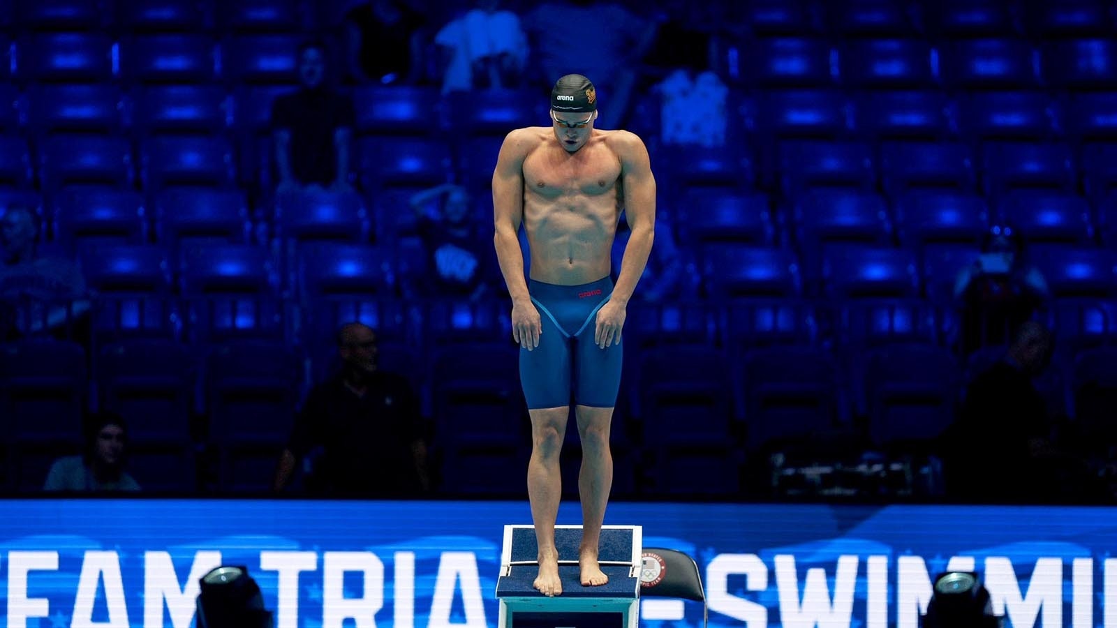 Jonny Kulow prepares for a swim-off in the 50-meter freestyle on Thursday during the U.S. Olympic Swim Trials in Indianapolis, Indiana. The two swimmers tied again and had to do a second swim-off, which Kulow finished second.