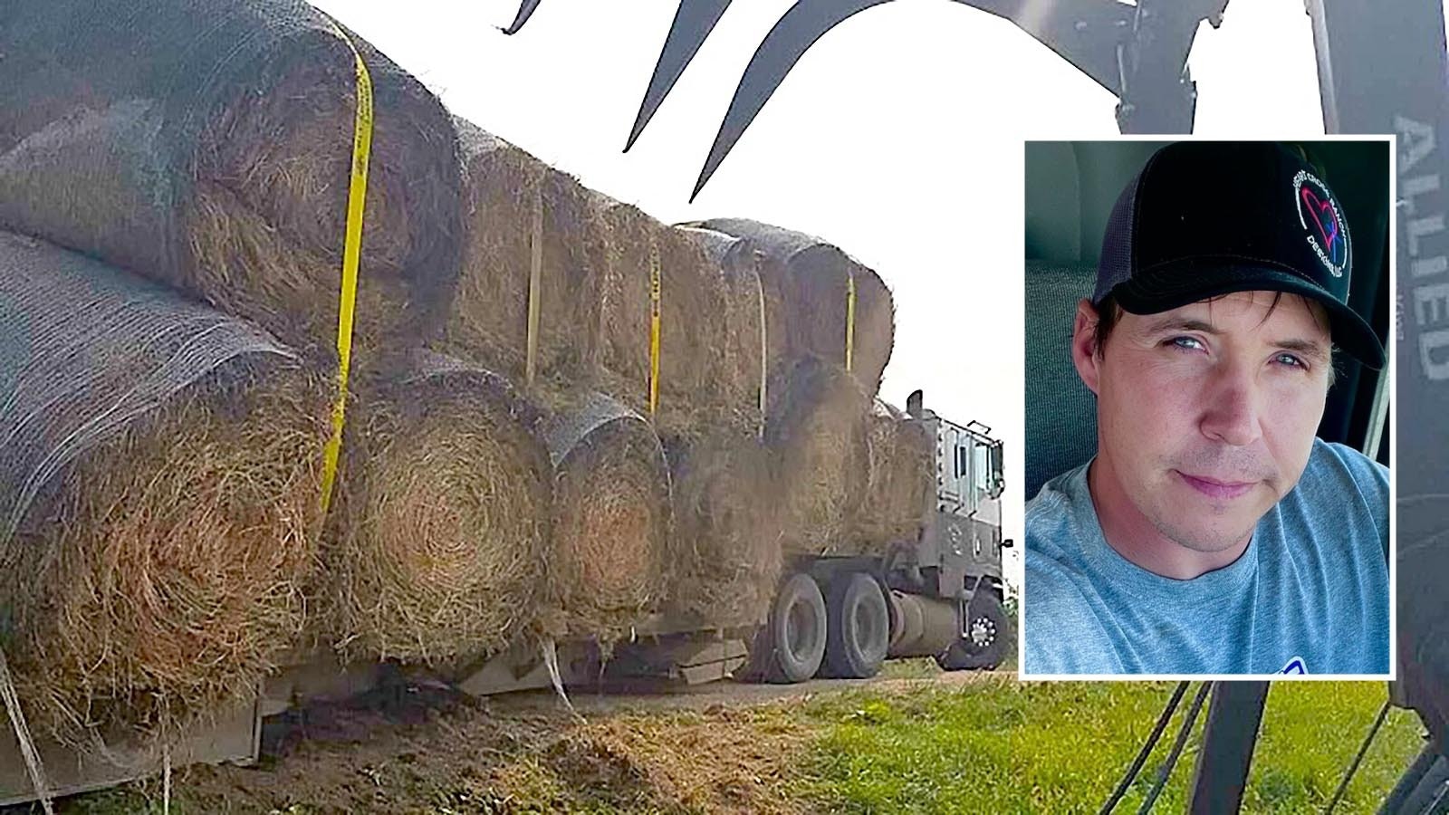 Heart Cross Ranch Trucking delivering hay to Katalina Pfeil at her family ranch in Sundance, Wyoming. The owner of the company, Jory Parks, inset, was sentenced Nov. 20, 2024, for scamming Pfeil and other ranchers desperate for hay during a drought.