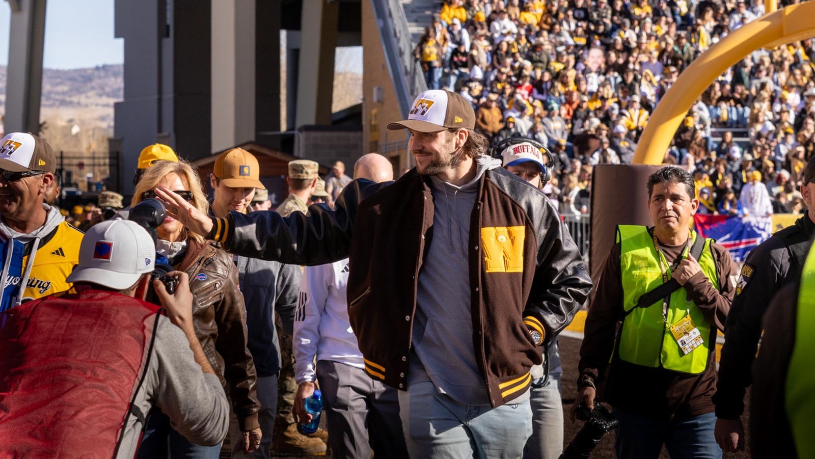 Josh Allen waves to fans at War Memorial Stadium on Saturday, Nov. 22, 2025.