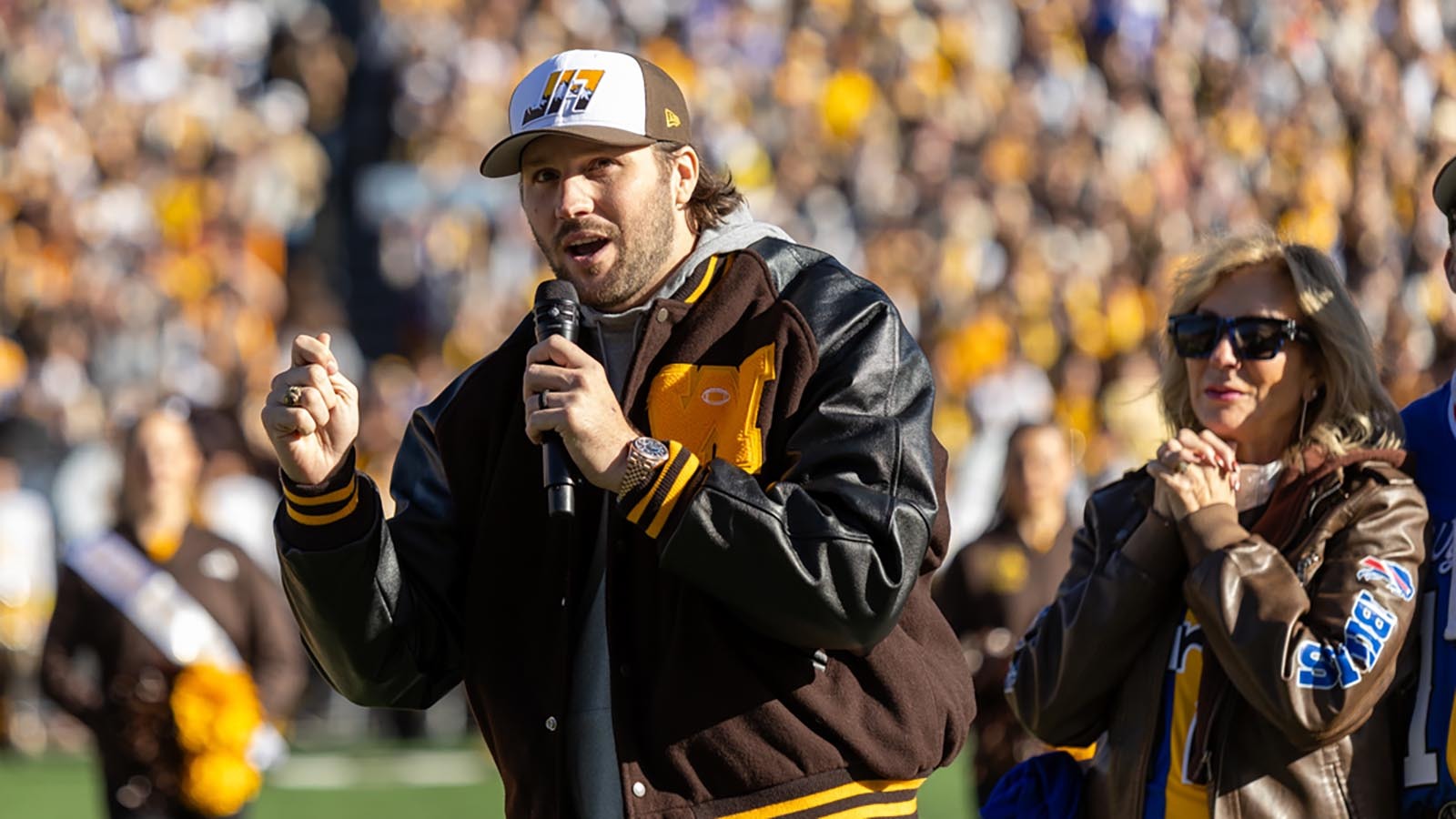 Former University of Wyoming quarterback Josh Allen at midfield during halftime of Saturday's Nov. 22, 2025, game against Nevada to have his No. 17 retired. He got a huge ovation from the crowd, especially when he concluded his remarks with, "And it will always suck to be a CSU Ram!"