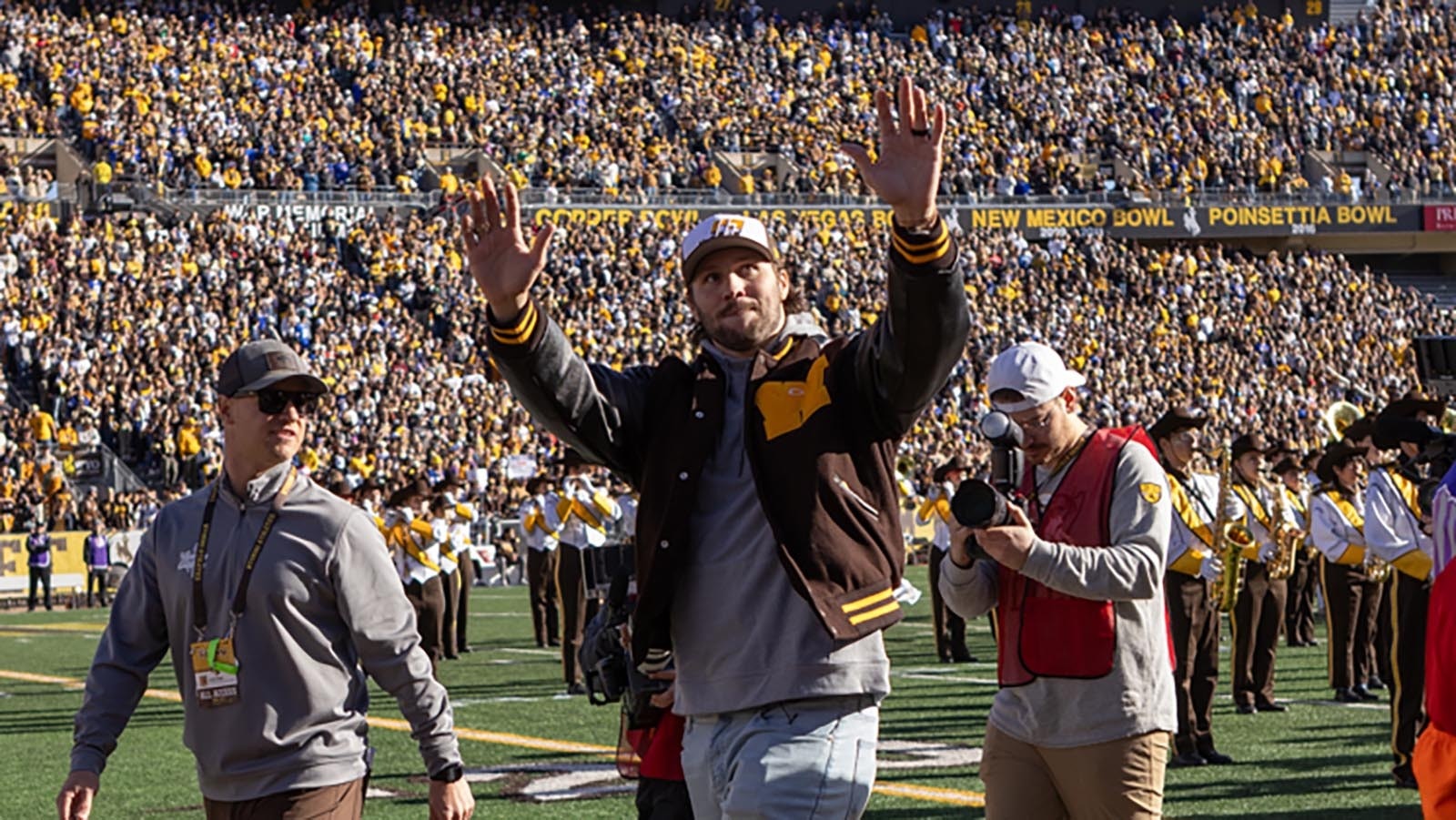 Josh Allen got a huge ovation from the crowd before kickoff off the Cowboys' game against Nevada at War Memorial Statium in Laramie on Saturday, Nov. 22, 2025. Allen was back at UW for the first time since he was drafted into the NFL in 2018 to become the first UW football player to have his number retired.