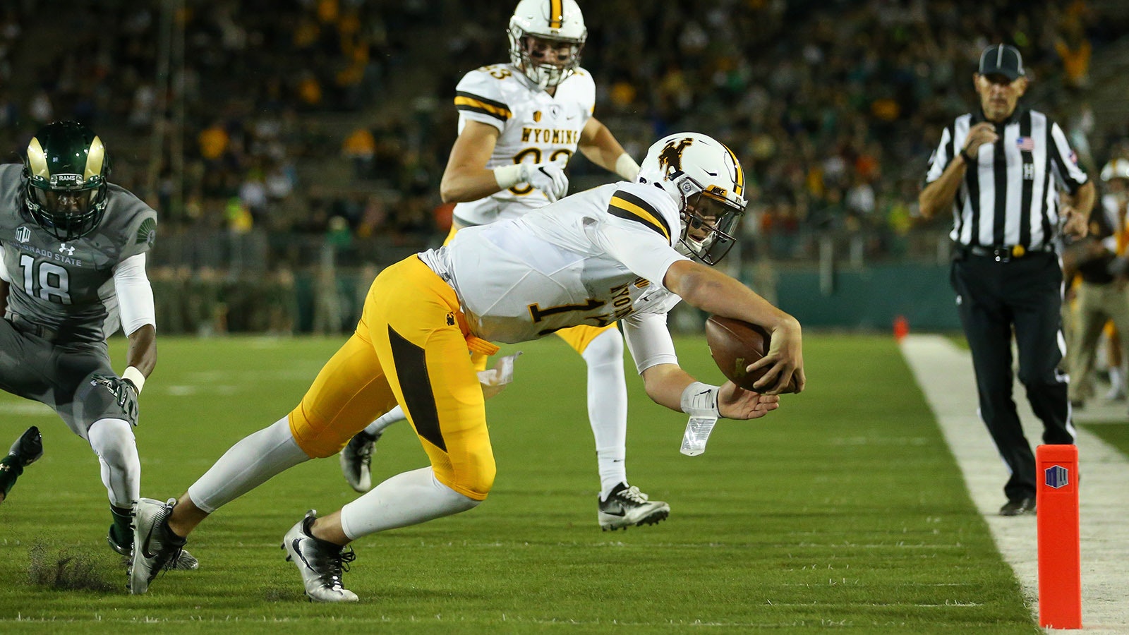 Josh Allen dives into the end zone against Colorado State University in an Oct. 1, 2026, game in Fort Collins, Colorado.