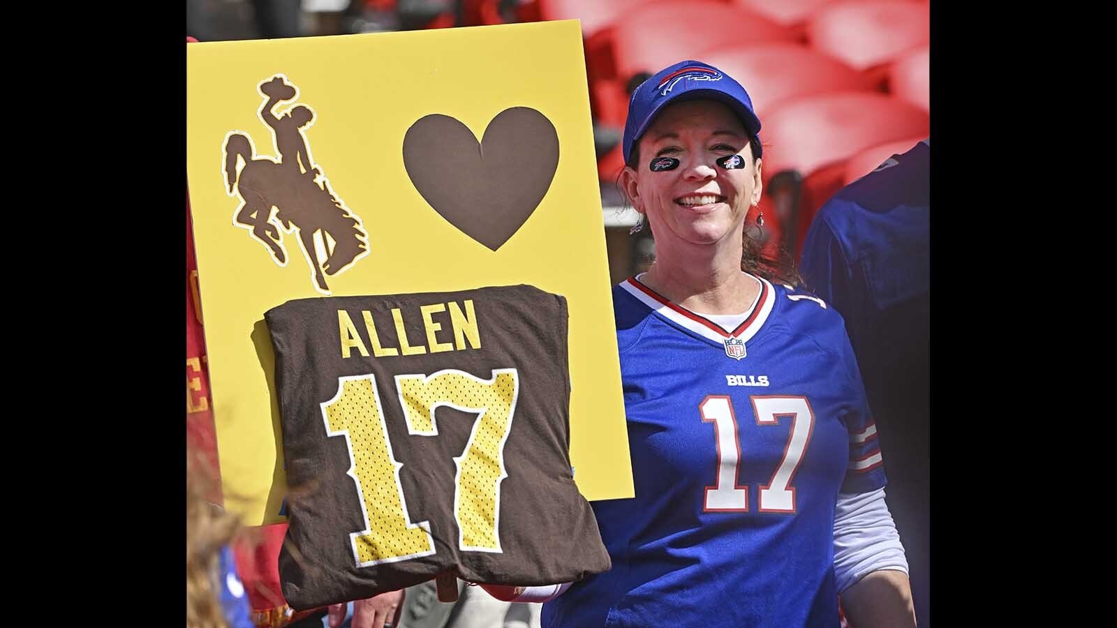 Kathy White of Casper shows her support for former University of Wyoming and current Buffalo Bills quarterback Josh Allen before an NFL football game against the Kansas City Chiefs on Oct. 16, 2022, in Kansas City, Mo.