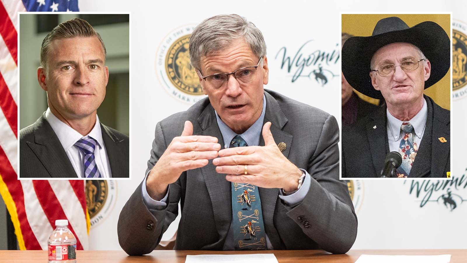 Wyoming Business Council CEO Josh Dorrell, from left, Gov. Mark Gordon, and state Rep. Ken Pendergraft, R-Sheridan.