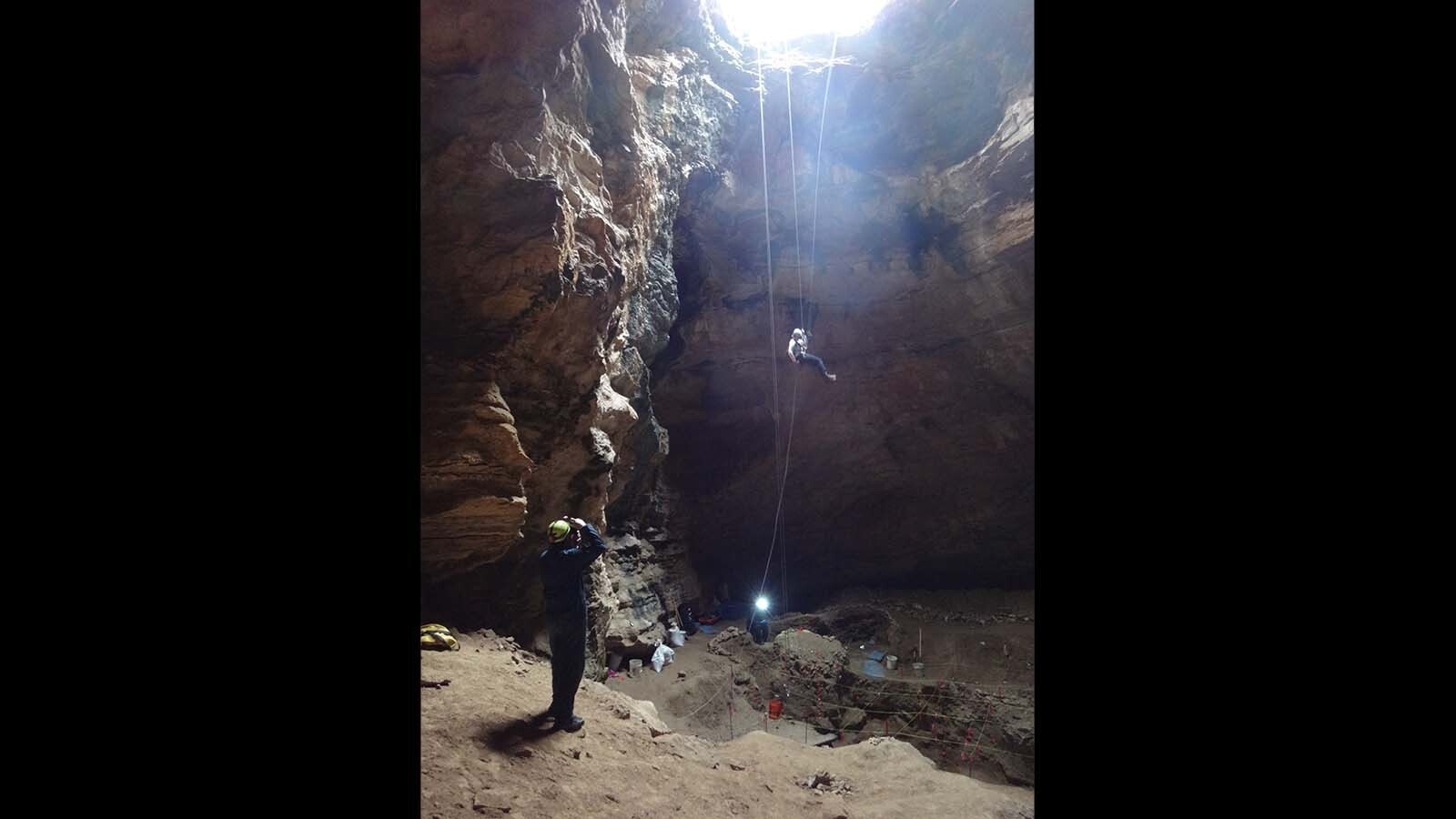 The entrance rappel into Natural Trap Cave.