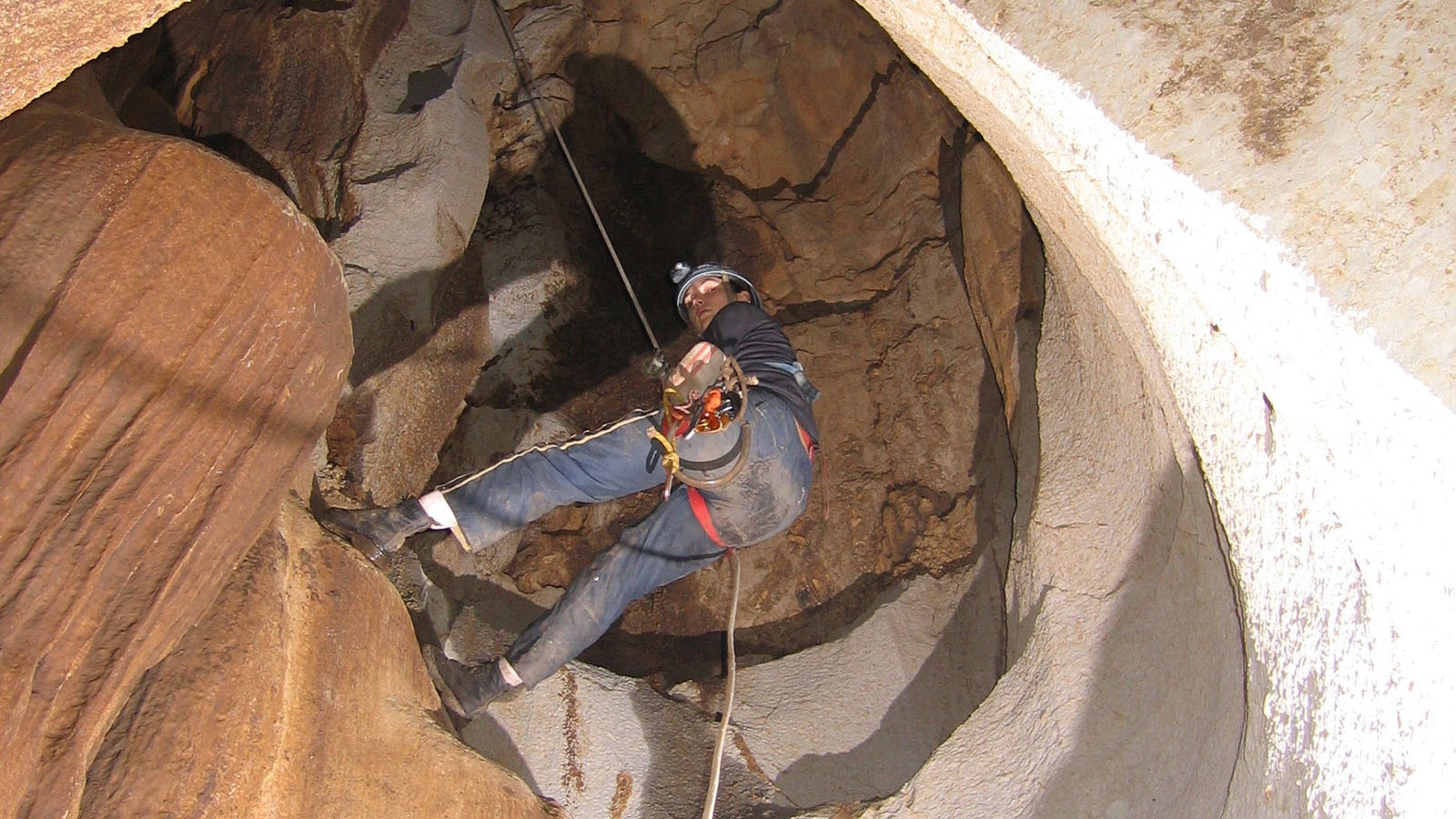 Rappelling in a Mexican cave.