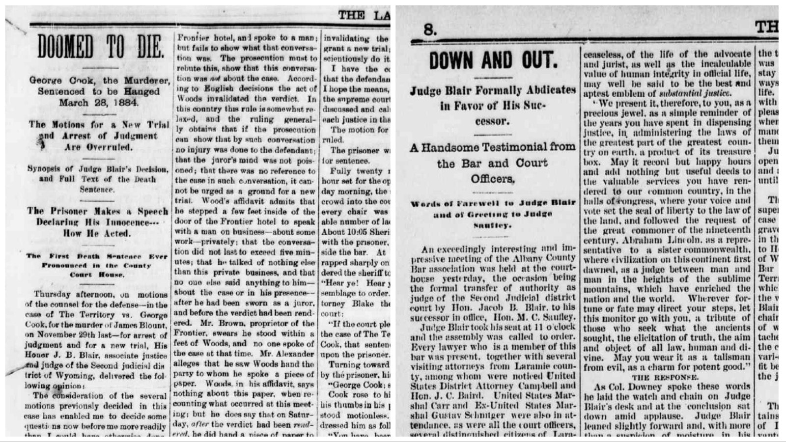 Newspaper clippings from Wyoming newspapers writing about Judge Jacob Blair during Wyoming's territorial days.